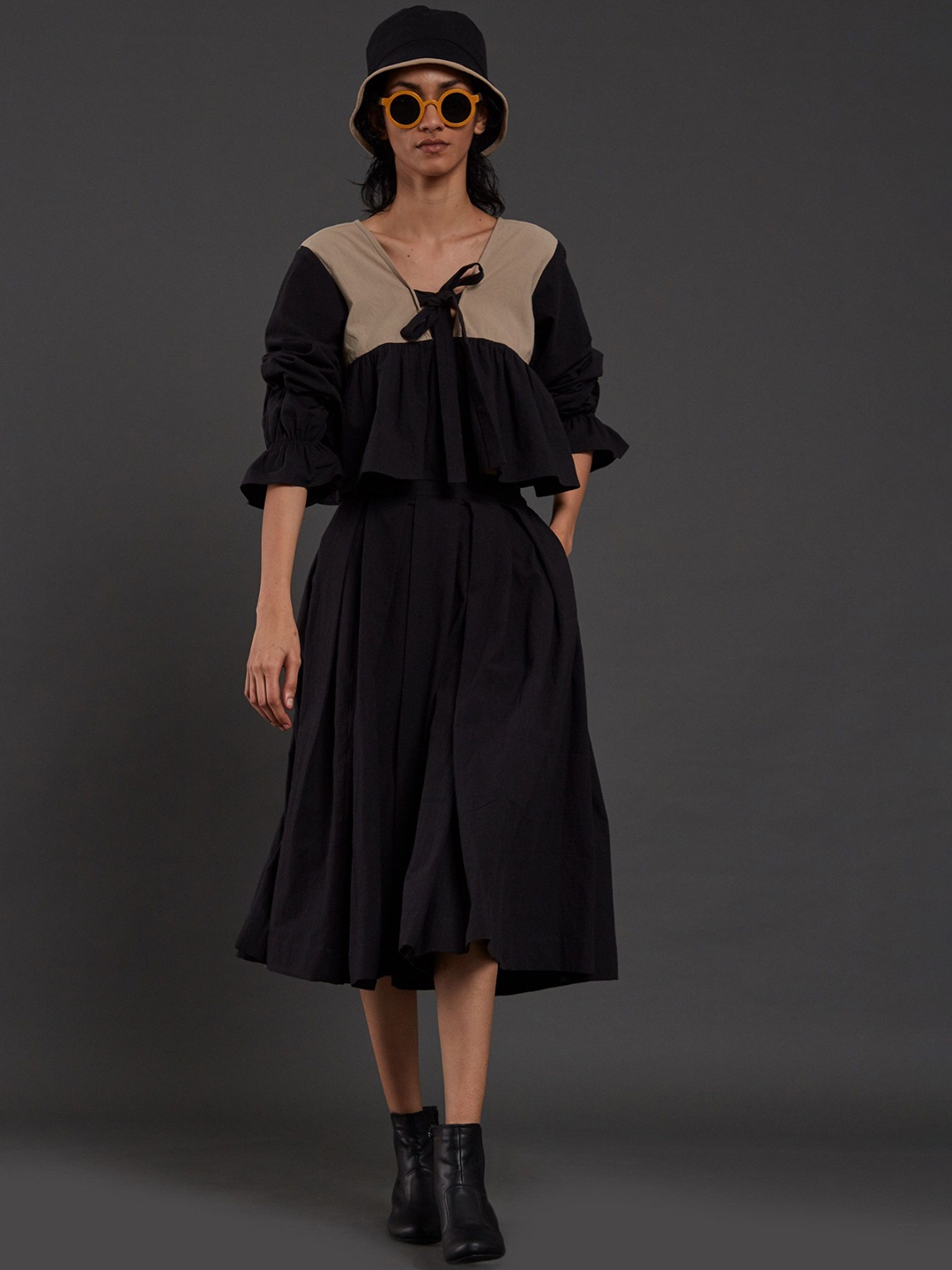 

MATI Pure Cotton Pleated Midi Skirt, Black