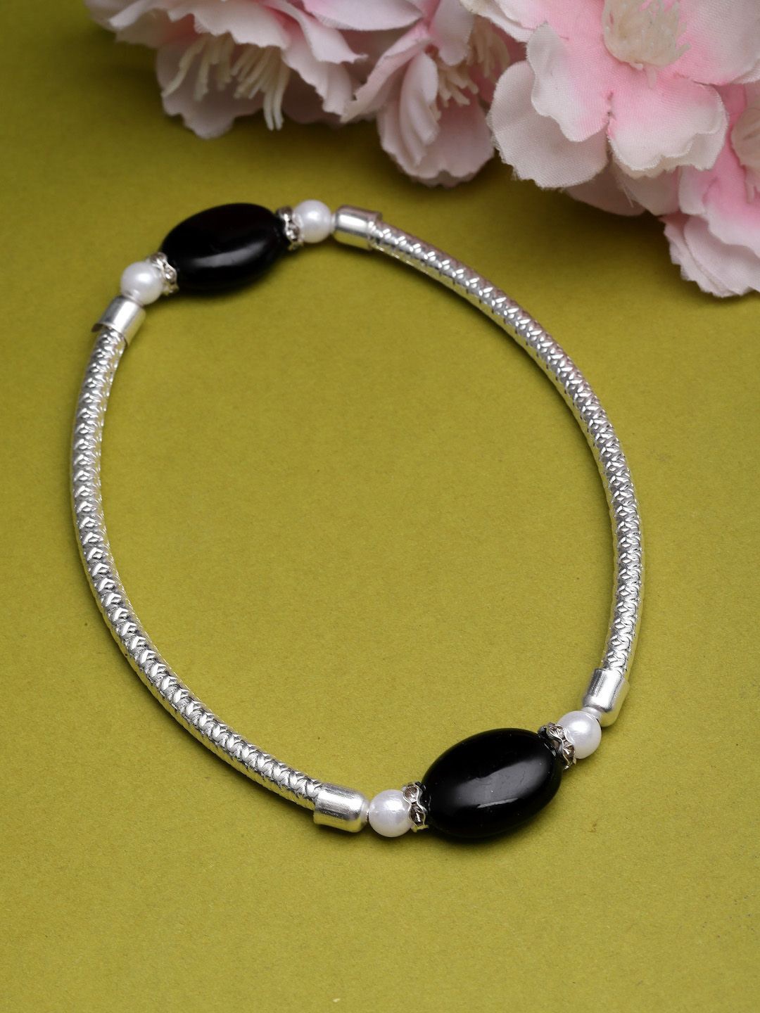 

Sanjog SSilver-Plated Beaded Oxidised Pearl Anklet, Silver