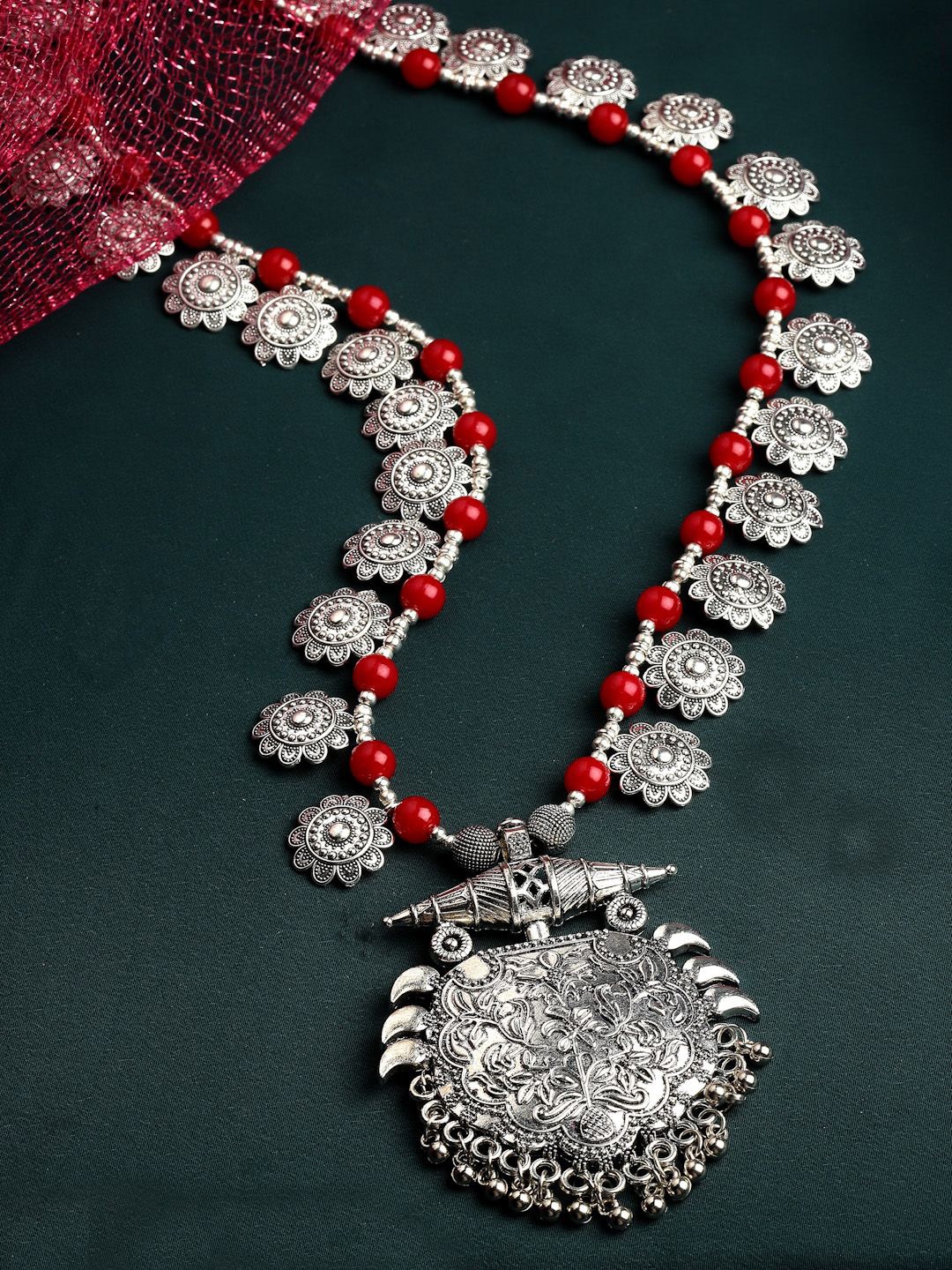

Sanjog German Silver-Plated Red Beaded Oxidised Long Antique Tribal Statement Necklace