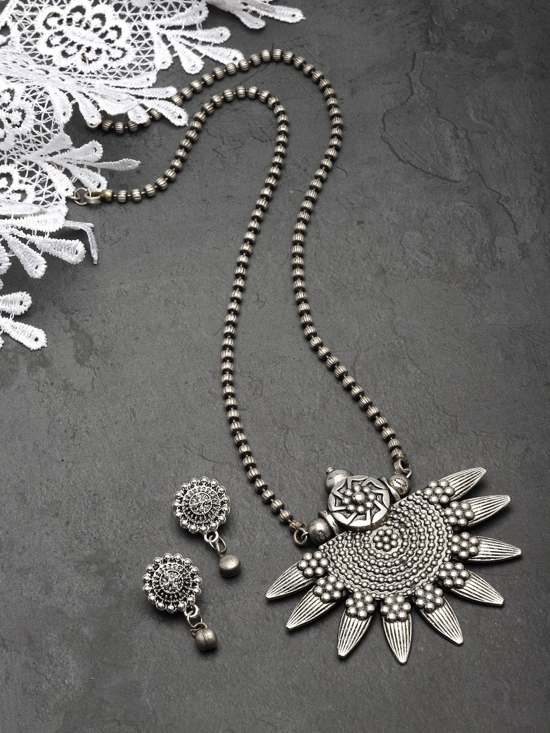 

Sanjog German Silver Plated Oxidised Tribal Antique Pendant Chain Jewellery Set