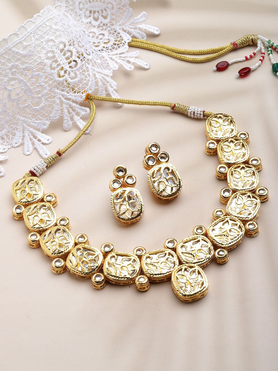

Sanjog Gold Plated Kundan Sone Studded Choker Meenakari Mirror Jewellery Set
