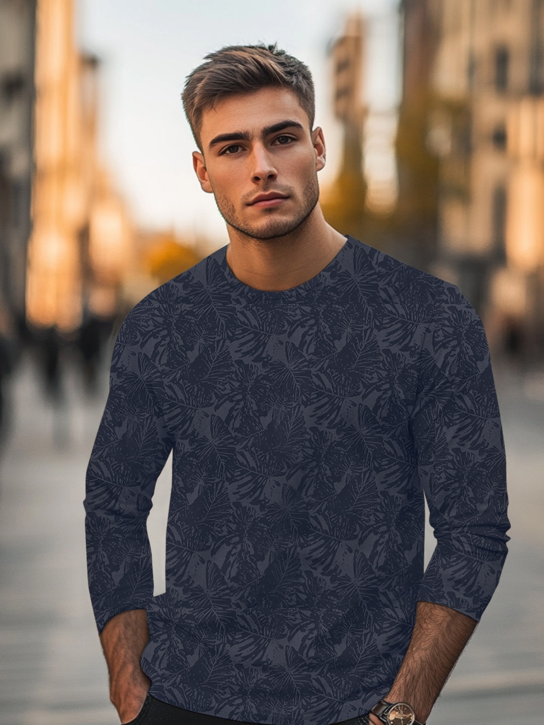 

Urbano Fashion Men's Estate Blue Printed Full Sleeve Slim Fit Cotton T-Shirt