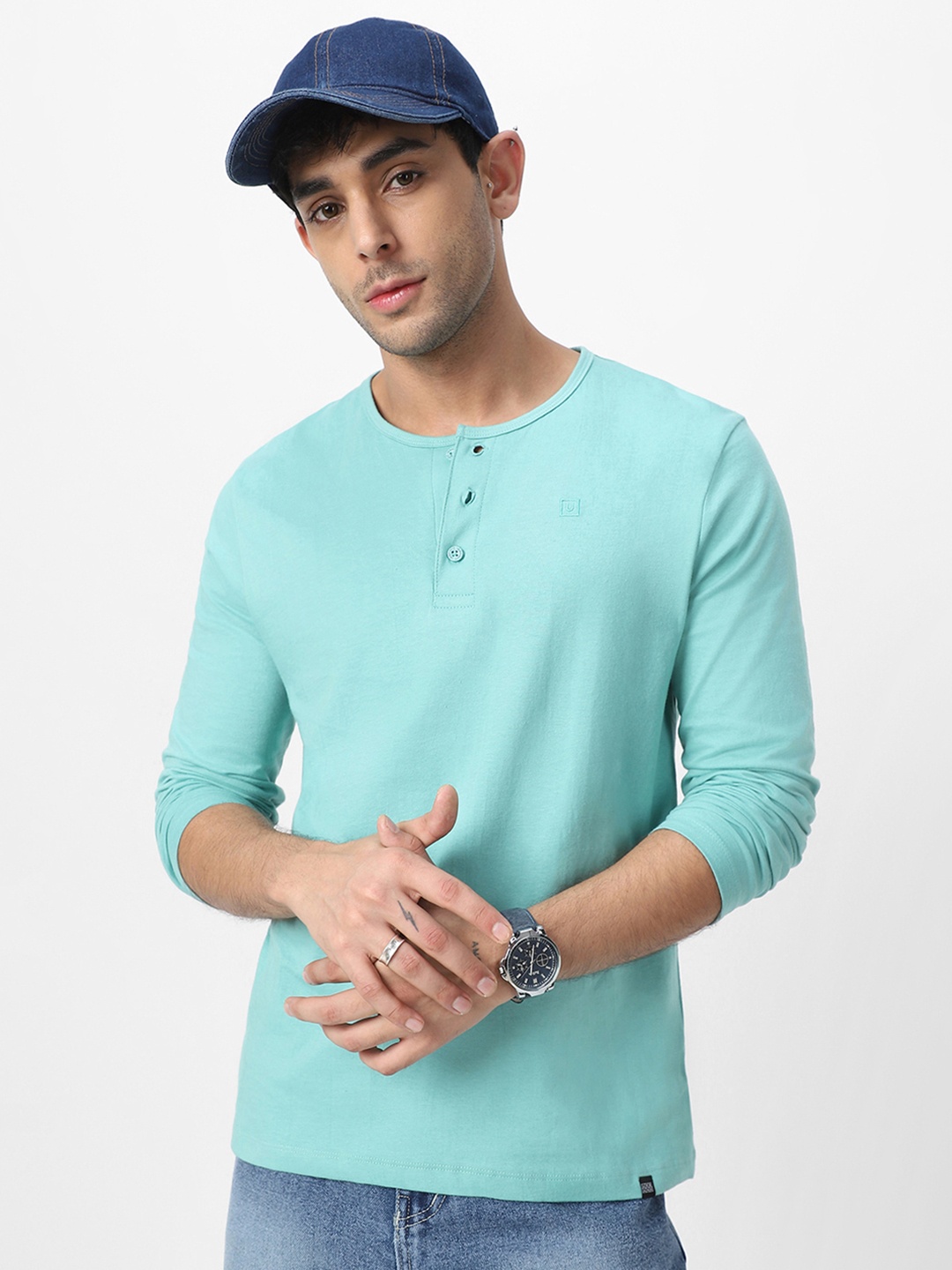 

Urbano Fashion Men's Nile Blue Solid Henley Neck Slim Fit Full Sleeve Cotton T-Shirt, Green