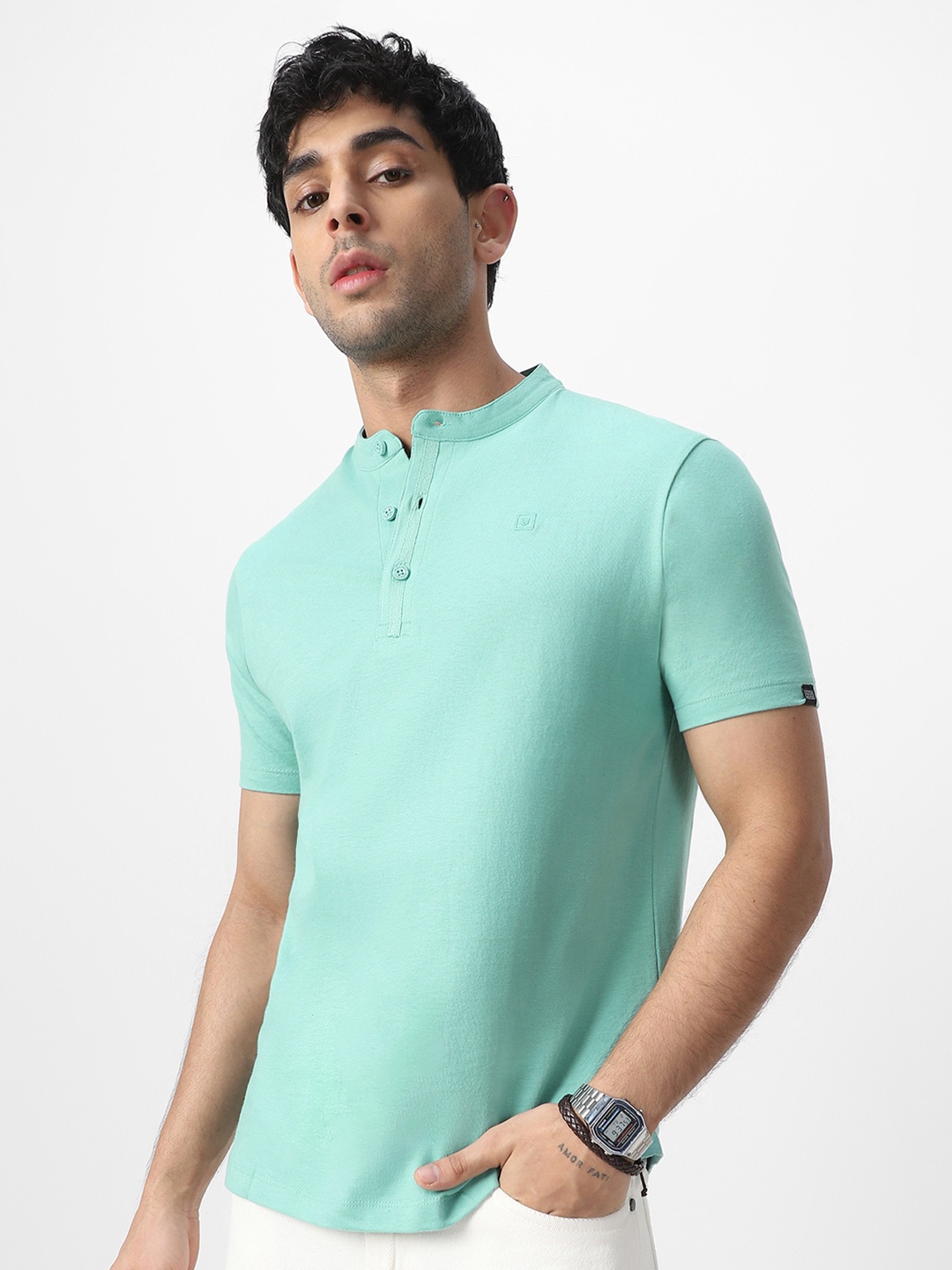 

Urbano Fashion Men's Nile Blue Solid Mandarin Collar Slim Fit Half Sleeve Cotton T-Shirt, Green