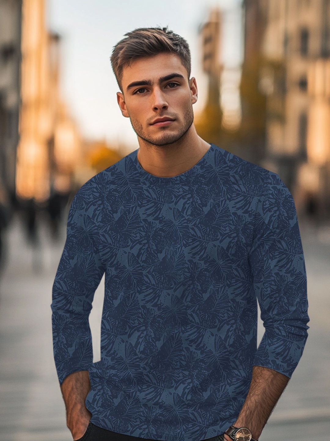 

Urbano Fashion Men's Mood Indigo Printed Full Sleeve Slim Fit Cotton T-Shirt, Blue