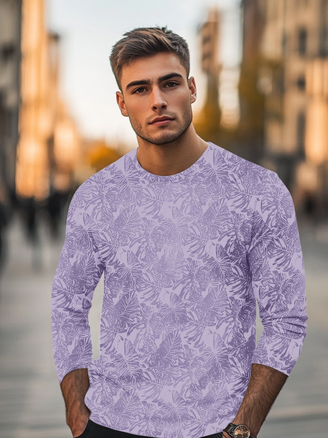 

Urbano Fashion Men's Lilac Printed Full Sleeve Slim Fit Cotton T-Shirt, Purple