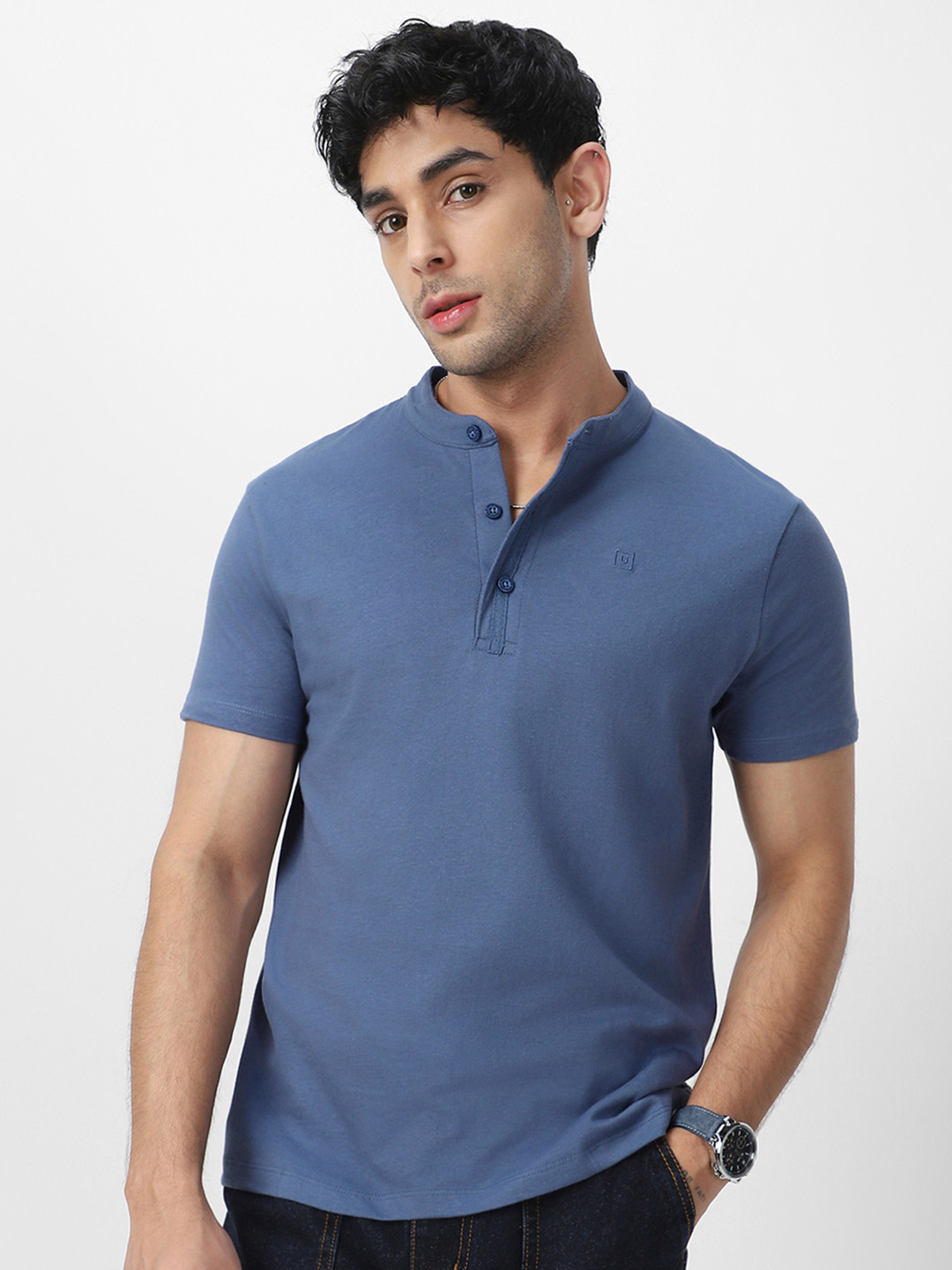 

Urbano Fashion Men's Indigo Blue Solid Mandarin Collar Slim Fit Half Sleeve Cotton T-Shirt
