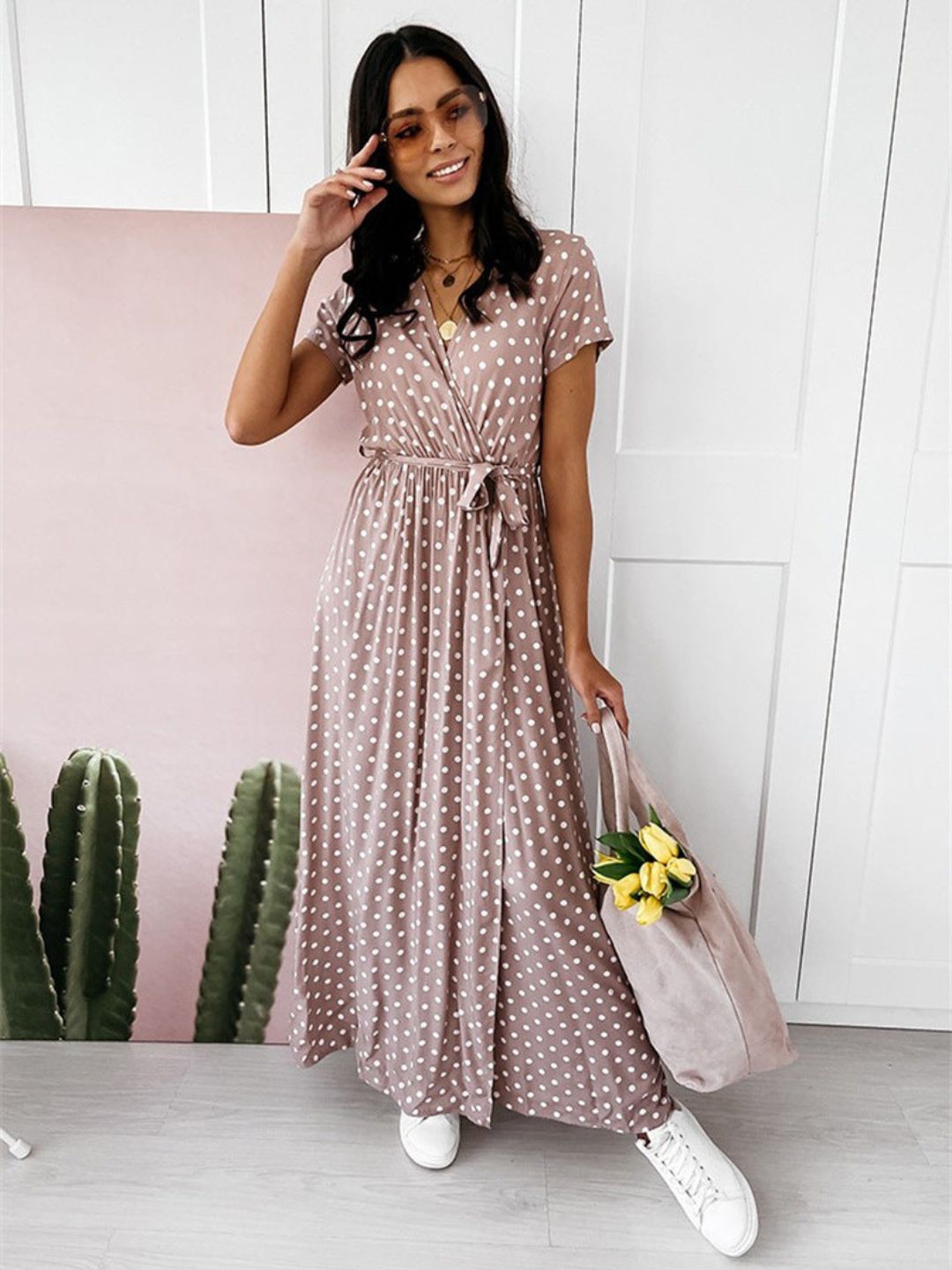 

4WRD by Dressberry Polka Dots Print Maxi Dress, Pink