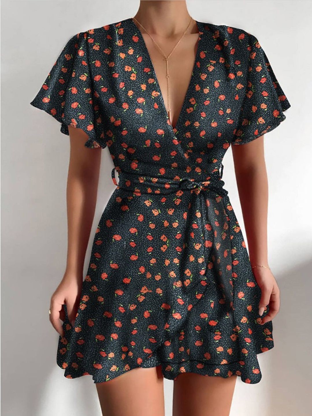 

4WRD by Dressberry Floral Print Flared Sleeve Wrap Dress, Black
