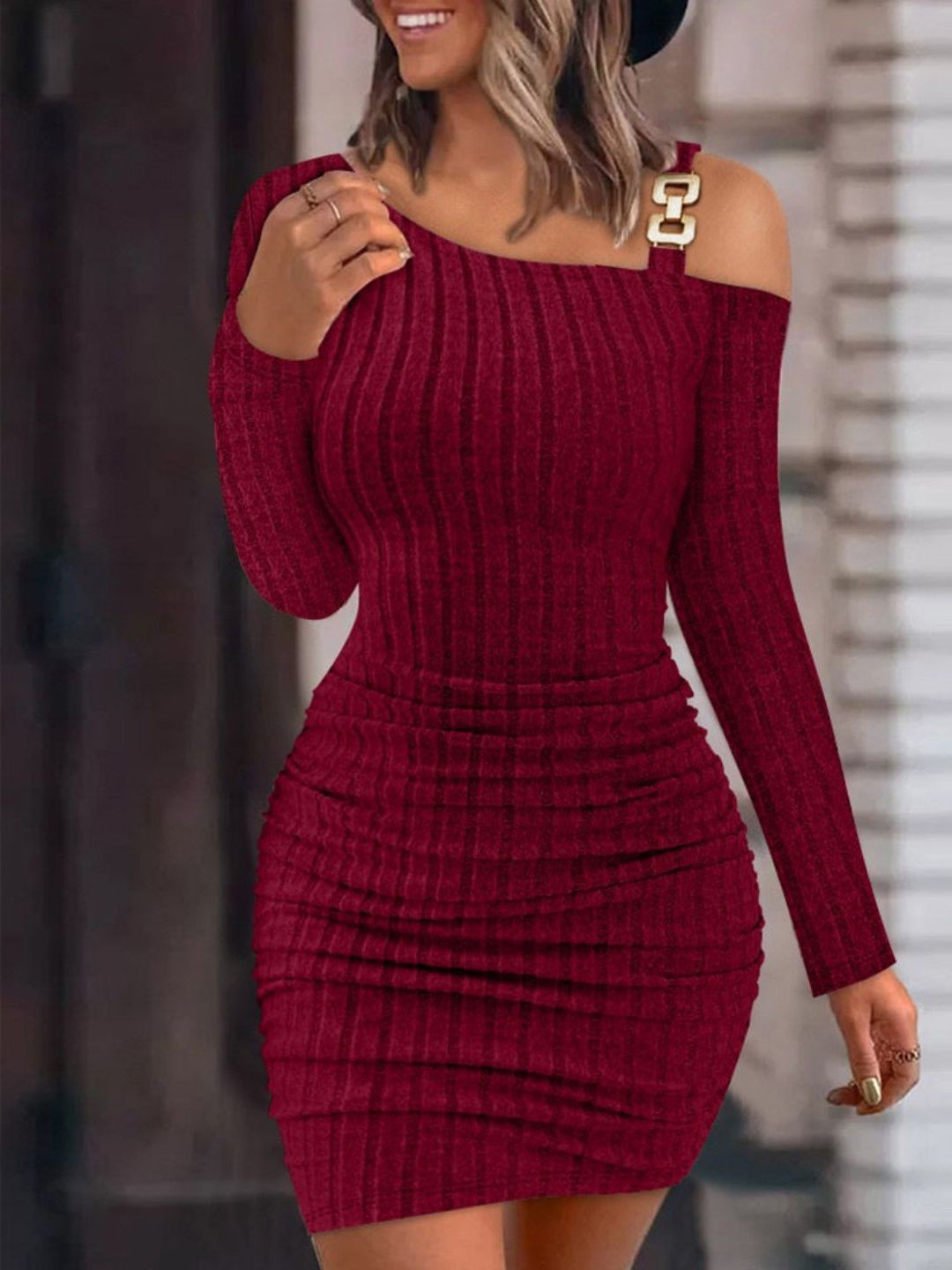 

4WRD by Dressberry Asymmetric Neck Bodycon Dress, Maroon