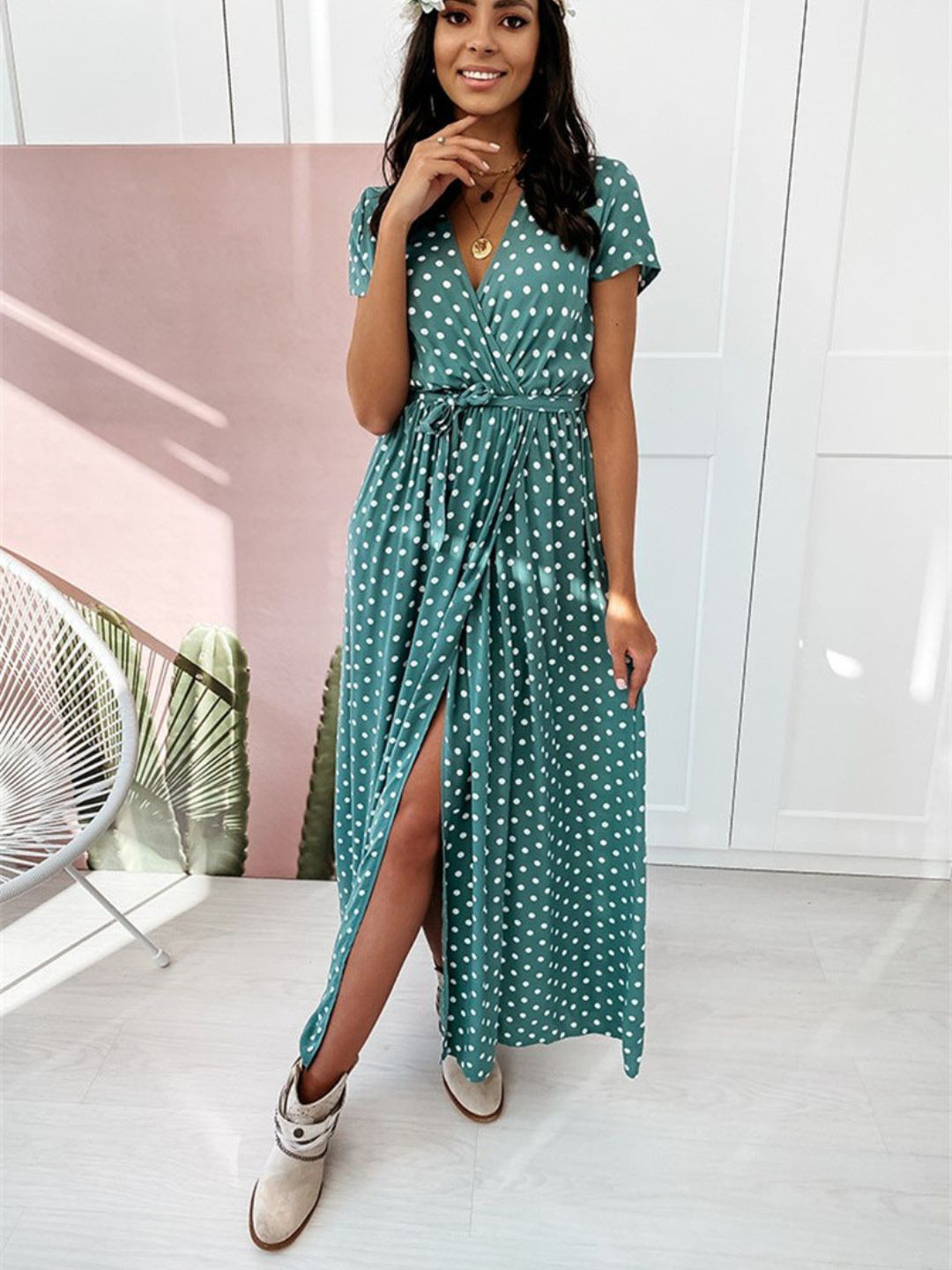 

4WRD by Dressberry Women Polka Dots Print Warp Dress, Green
