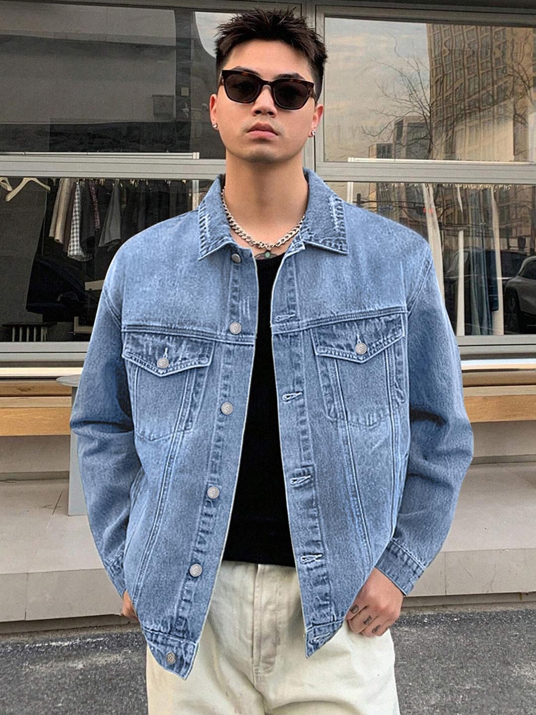 

Urbano Fashion Men's Light Blue Regular Fit Washed Full Sleeve Denim Jacket