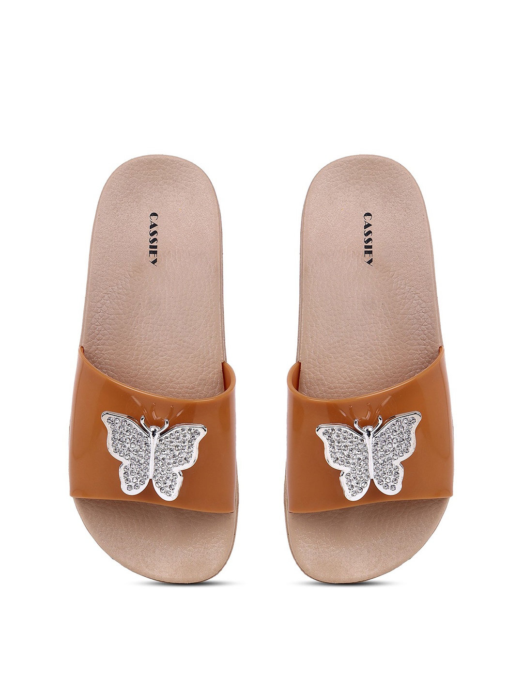 

CASSIEY Women Butterfly Design Rubber Sliders, Brown