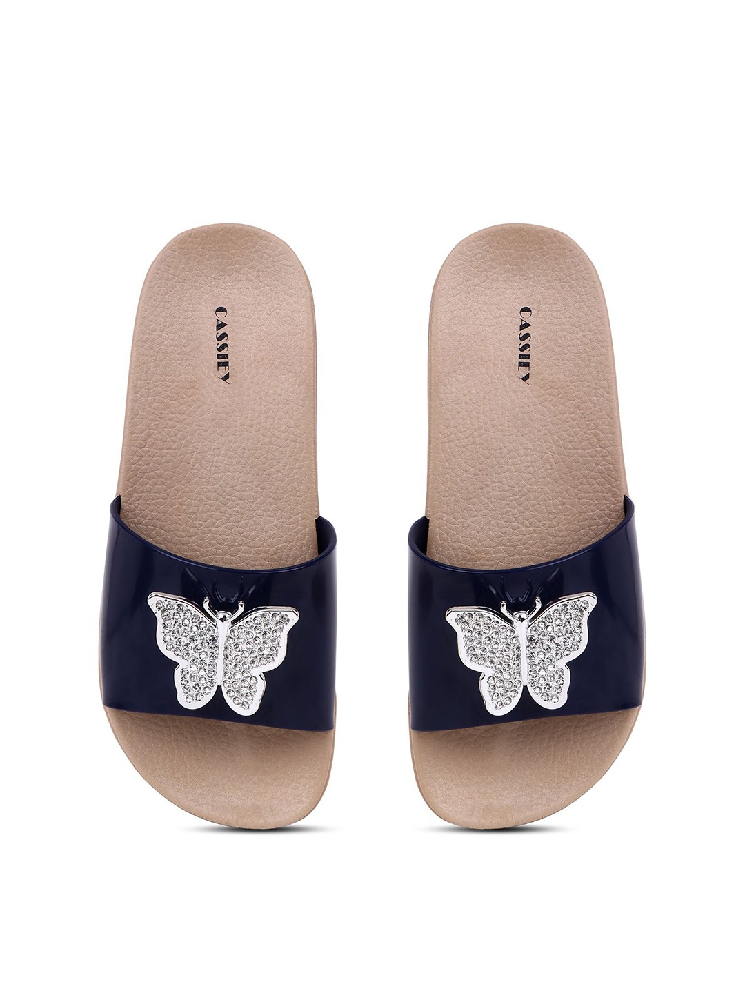 

CASSIEY Women Butterfly Design Rubber Sliders, Navy blue
