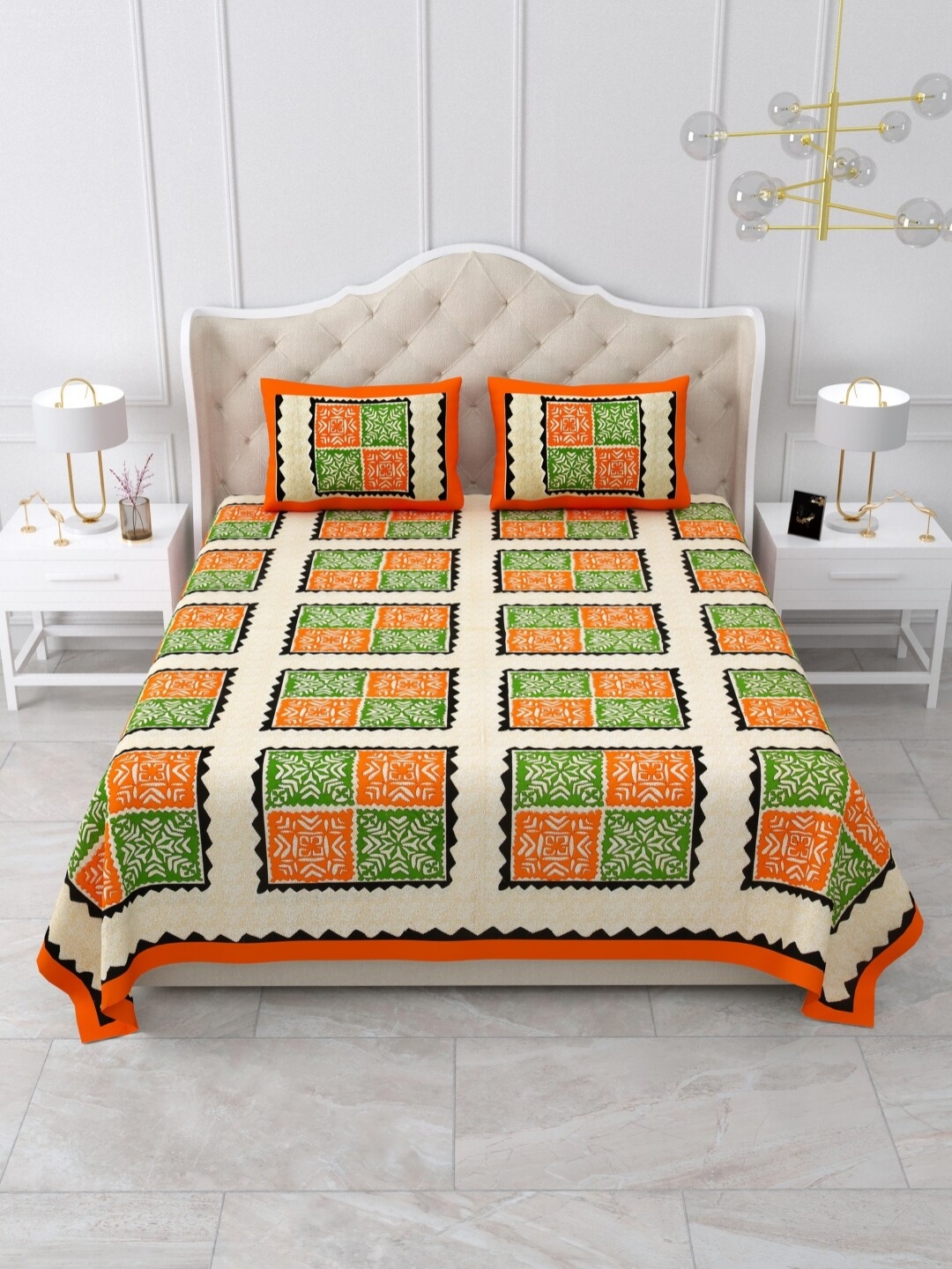 

Qfab Orange Geometric 144 TC Cotton King Bedsheet with 2 Pillow Covers
