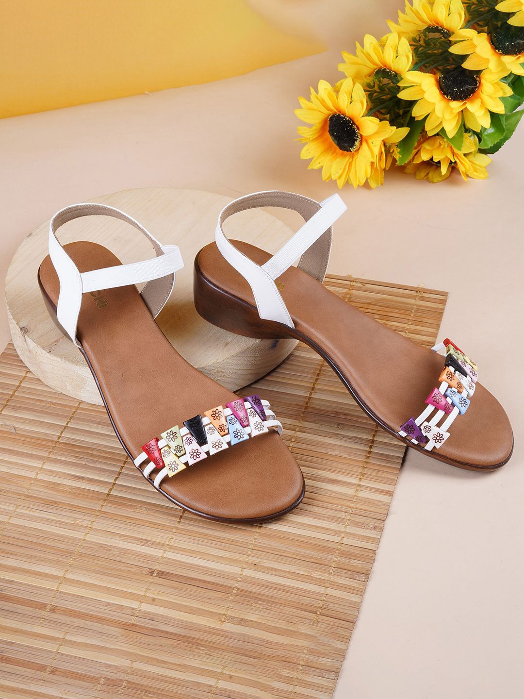 

Mochi Printed Open Toe Wedge Heels, White