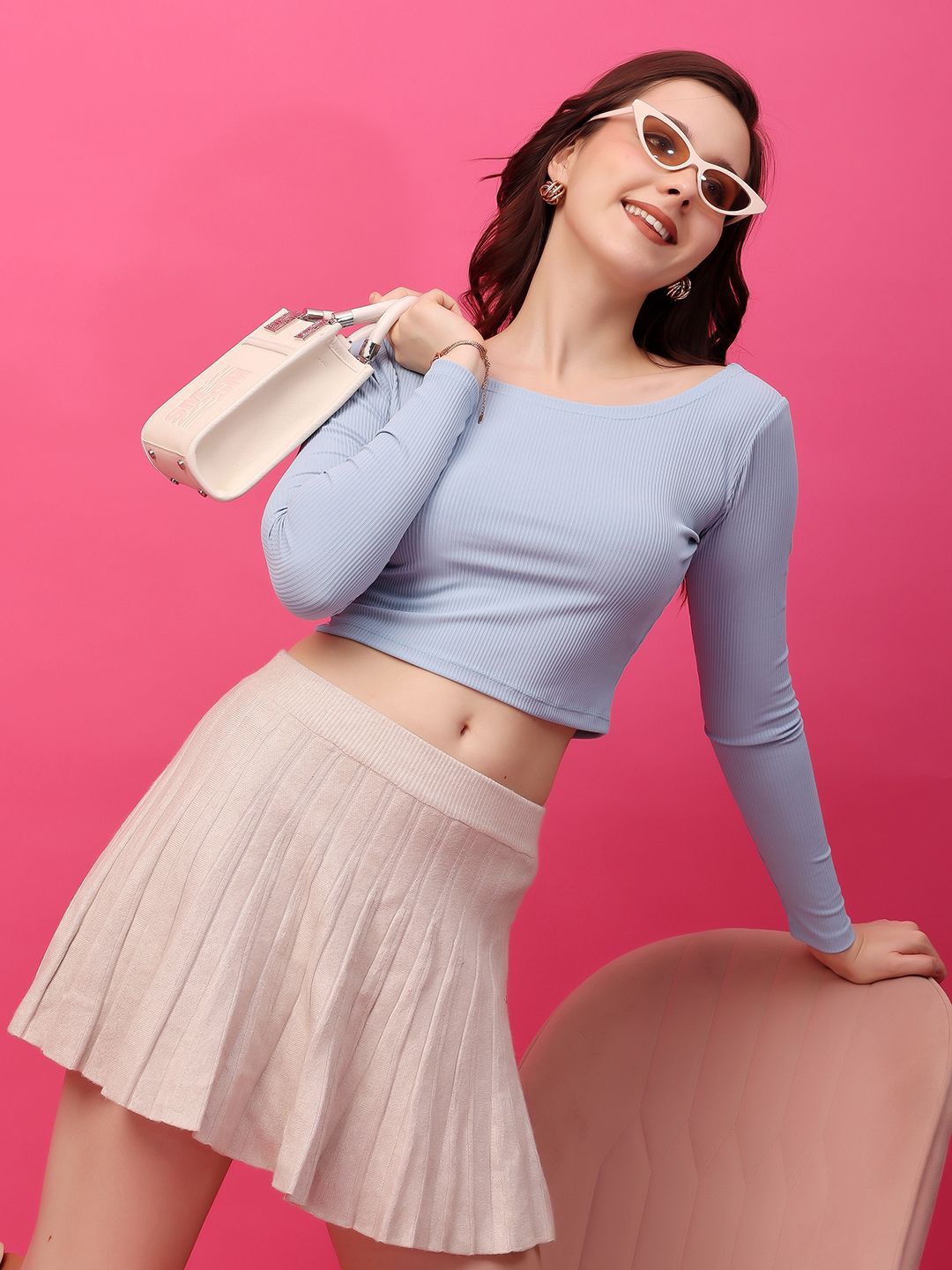 

Cation Solid Knits Round Neck Crop Top, Blue