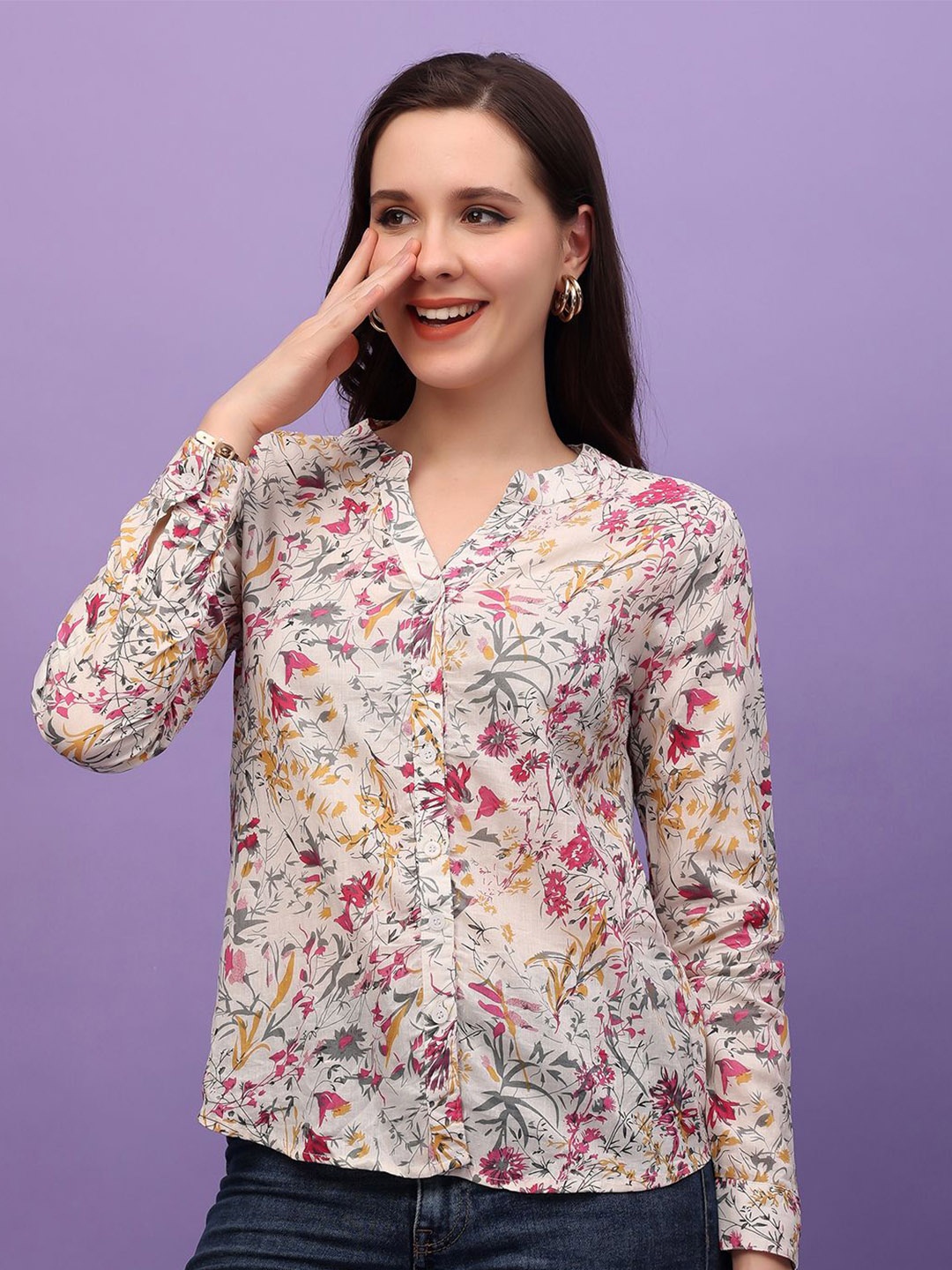 

Cation Women Slim Fit Floral Opaque Printed Casual Shirt, Cream