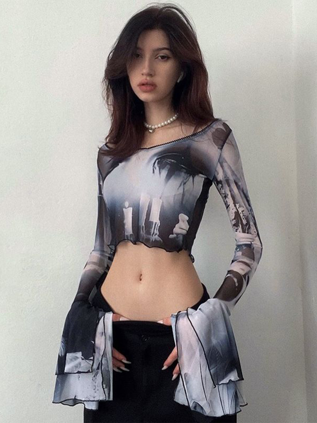 

StyleCast x Revolte Print Georgette Crop Top, Black