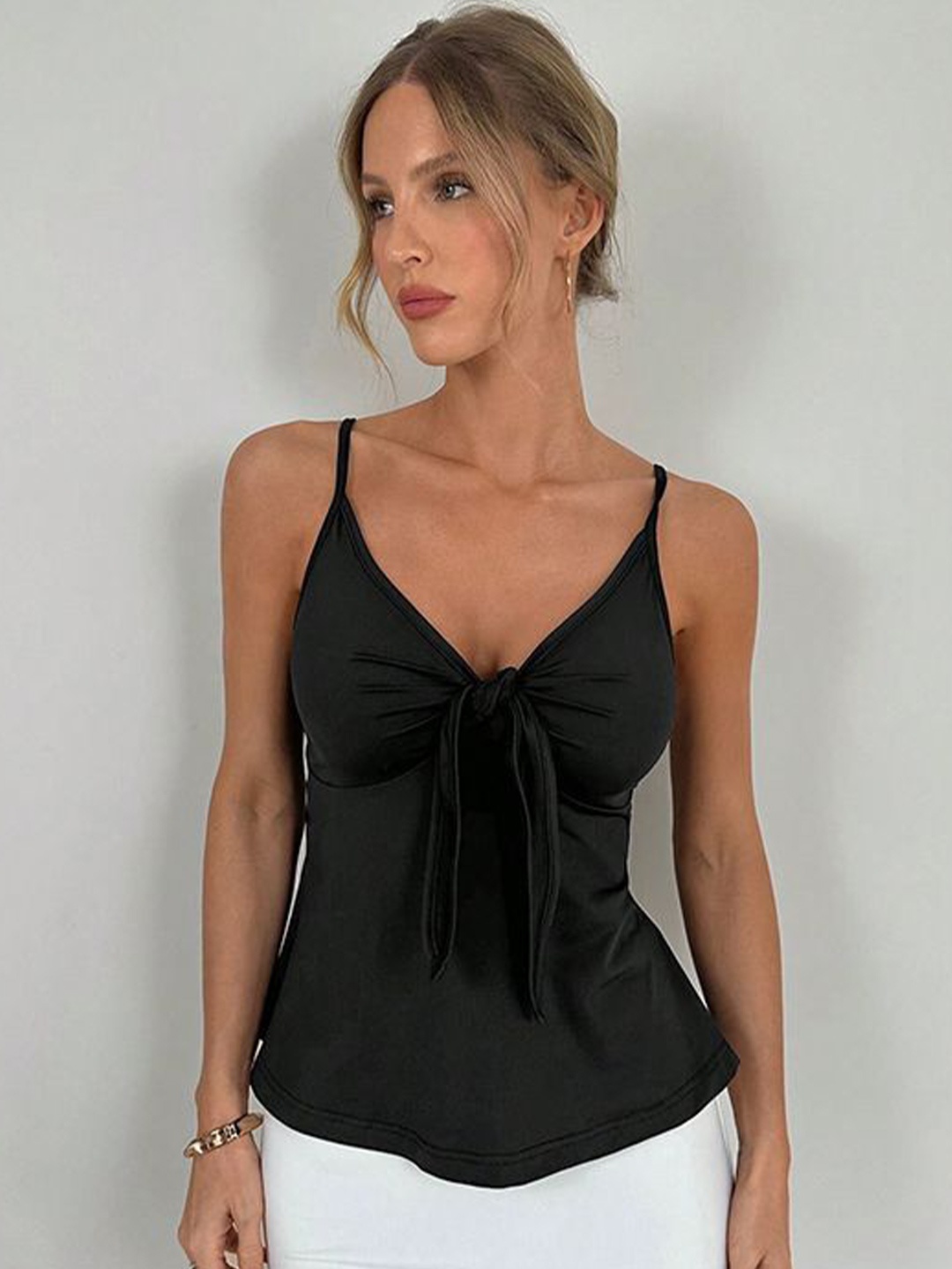 

StyleCast x Revolte Solid Gathered or Pleated Shoulder StrapsTop, Black