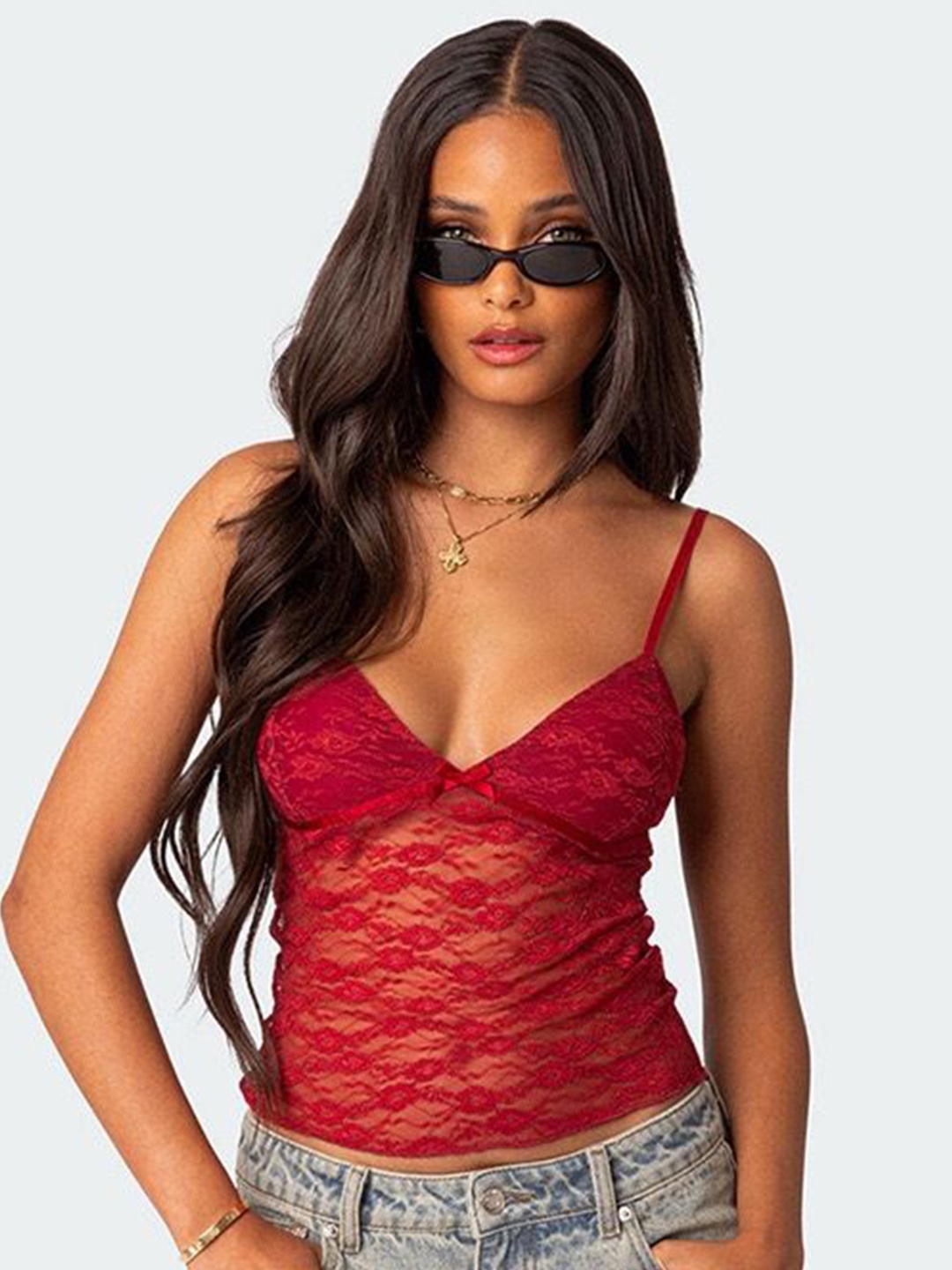 

StyleCast x Revolte Georgette Self Design Top, Red