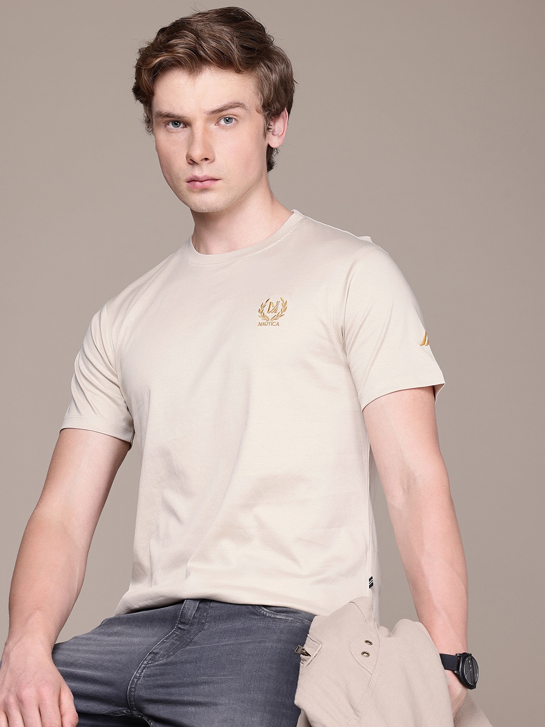 

Nautica Embroidered Detail Pure Cotton T-shirt, Beige
