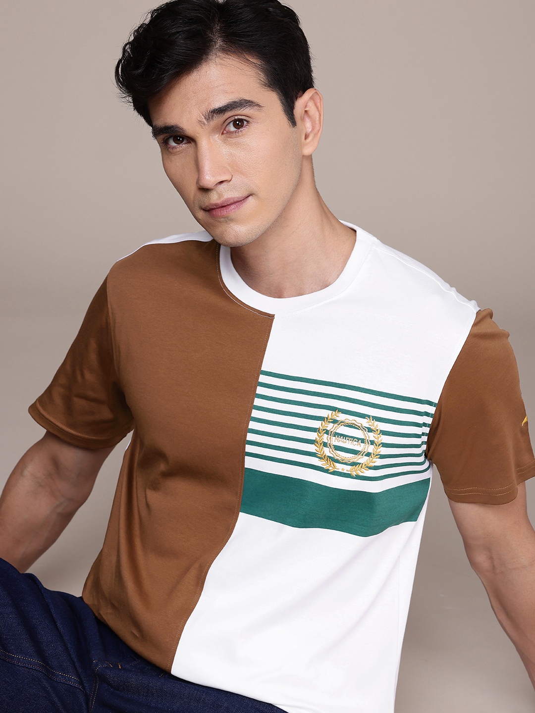 

Nautica Colourblocked Pure Cotton T-shirt, Brown