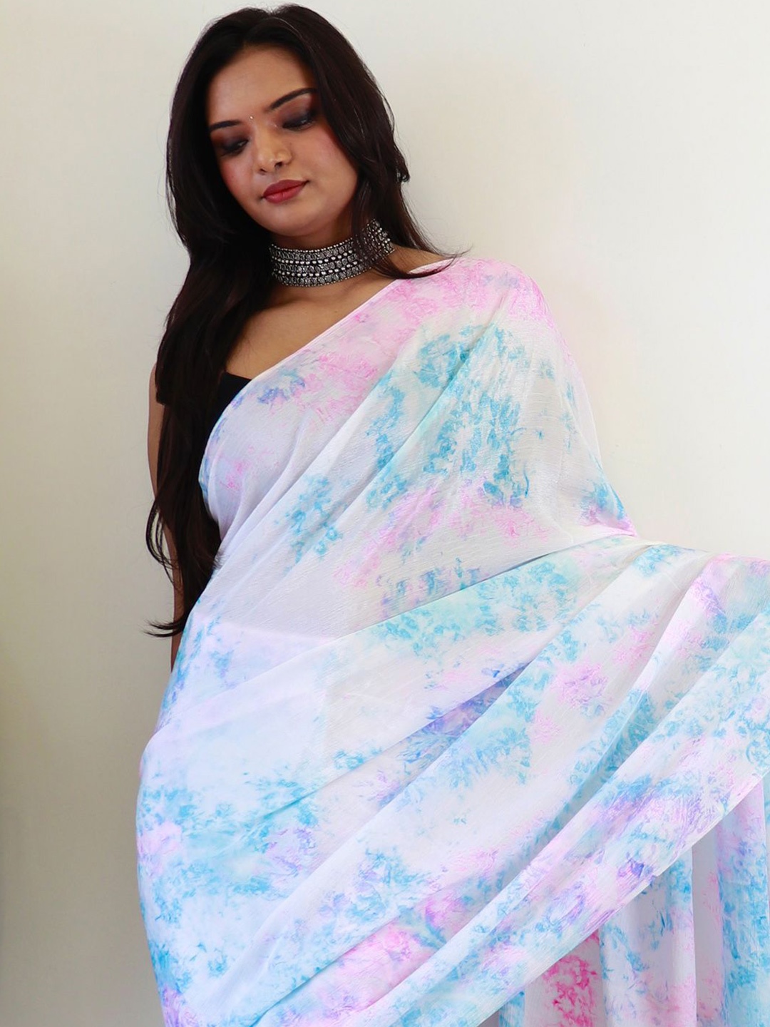 

KALINI Chiffon Tie & Dye Ready to Wear Saree, White