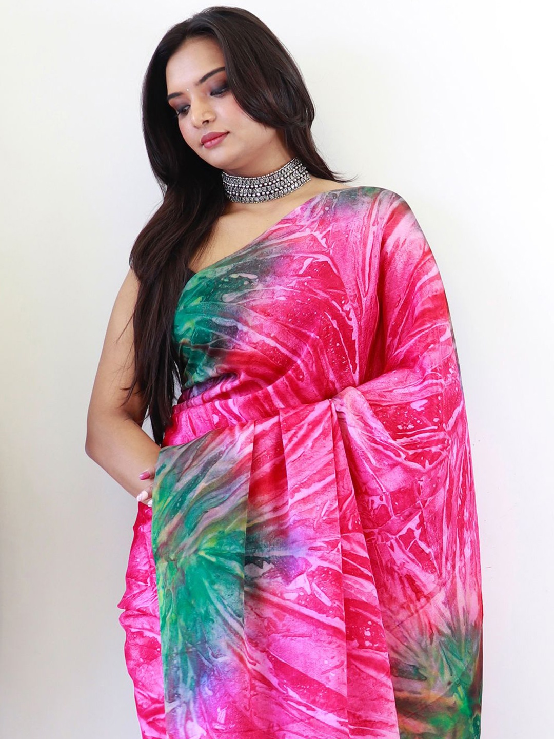 

KALINI Poly Chiffon Ready to Wear tie dye Saree, Pink
