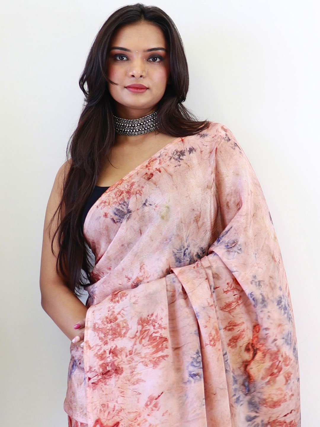 

KALINI Poly Chiffon Ready to Wear tie dye Saree, Peach