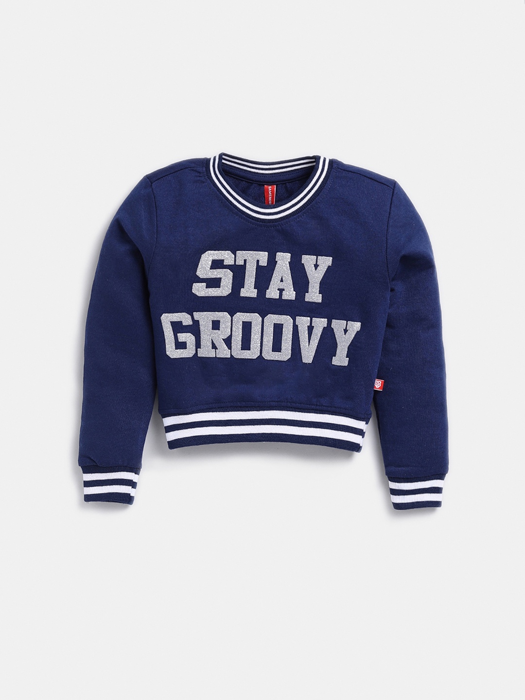 

Here&Now X Game Begins Girls Glitter Embellished Typography Printed Pure Cotton Sweatshirt, Navy blue