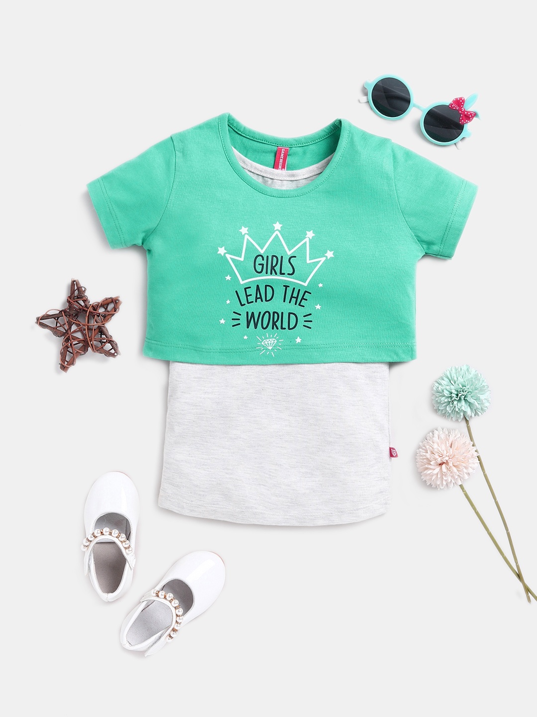 Here&Now X Game Begins Girls Typography Printed Cotton Crop Top with Camisole, Green