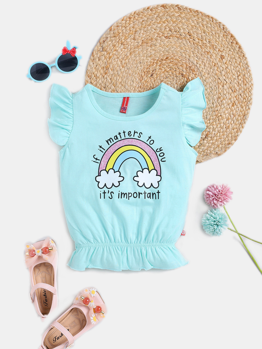 

Here&Now X Game Begins Girls Graphic Printed Pure Cotton Blouson Top, Turquoise blue
