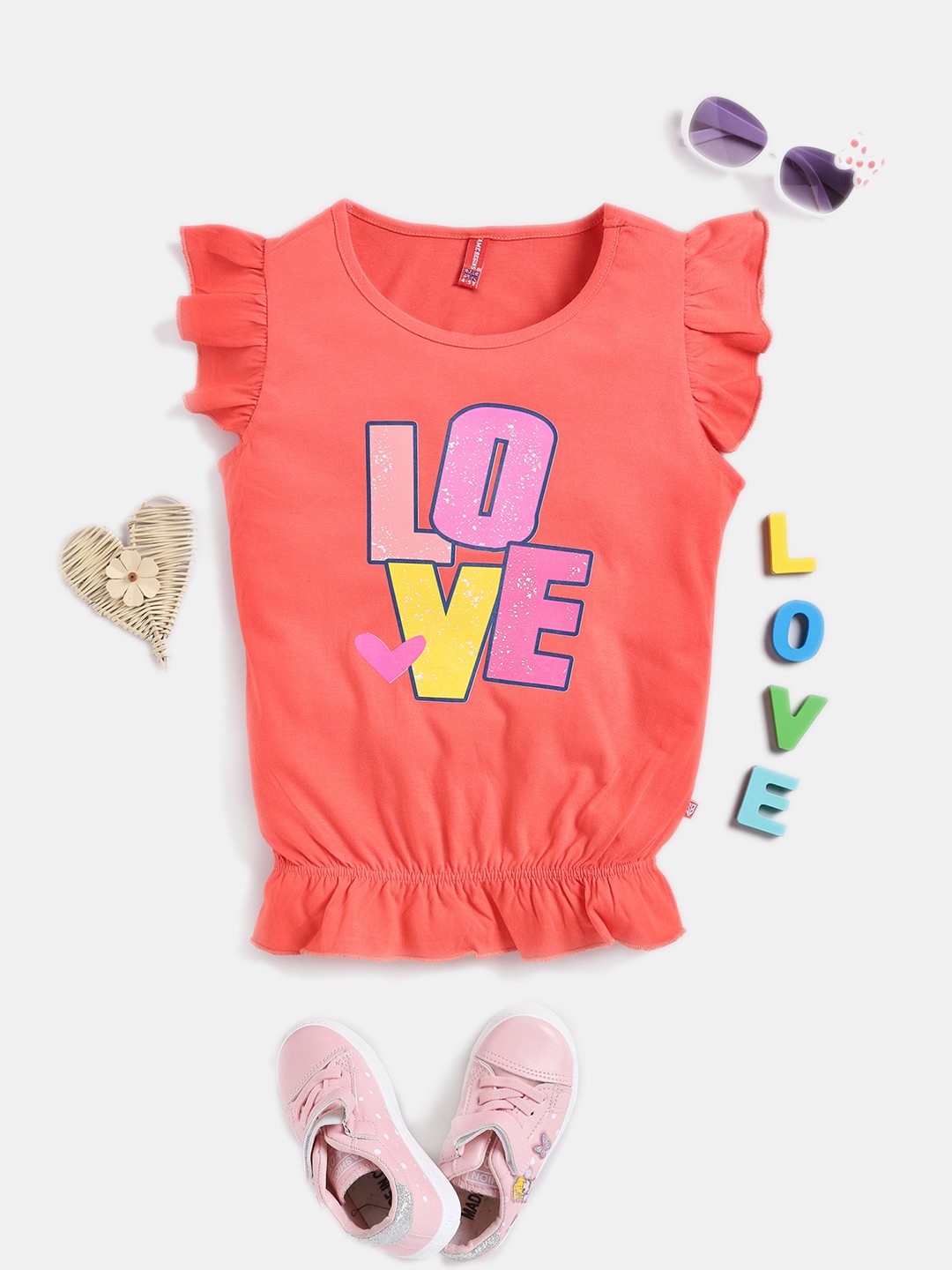 

Here&Now X Game Begins Girls Typography Printed Pure Cotton Blouson Top, Coral