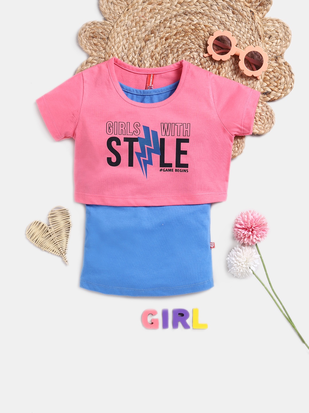 

Here&Now X Game Begins Girls Typography Printed Cotton Crop Top with Camisole, Pink