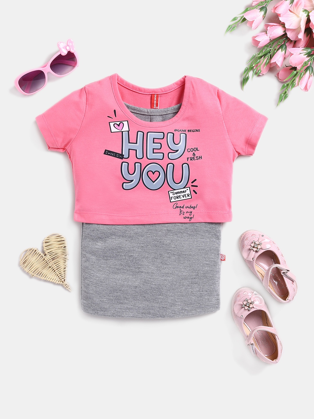 

Here&Now X Game Begins Girls Typography Printed Cotton Crop Top with Camisole, Pink