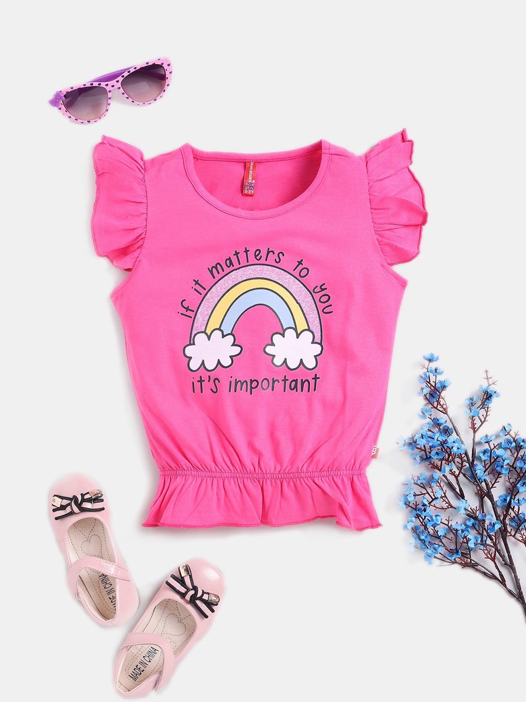 Here&Now X Game Begins Girls Graphic Printed Pure Cotton Blouson Top, Fuchsia