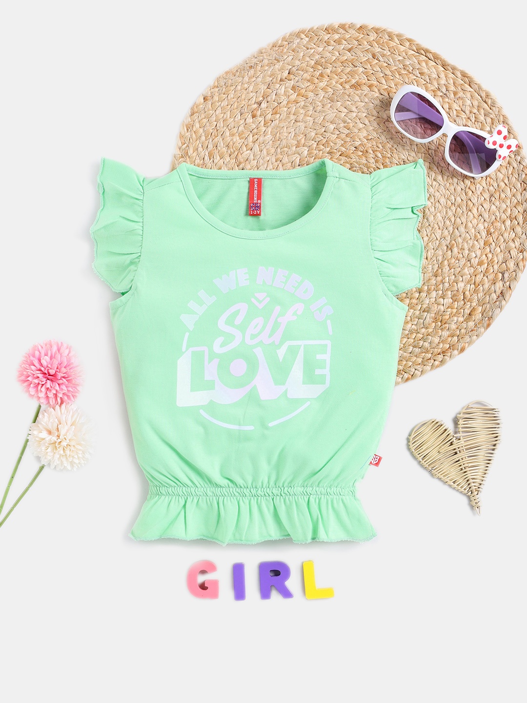 

Here&Now X Game Begins Girls Typography Printed Pure Cotton Blouson Top, Green