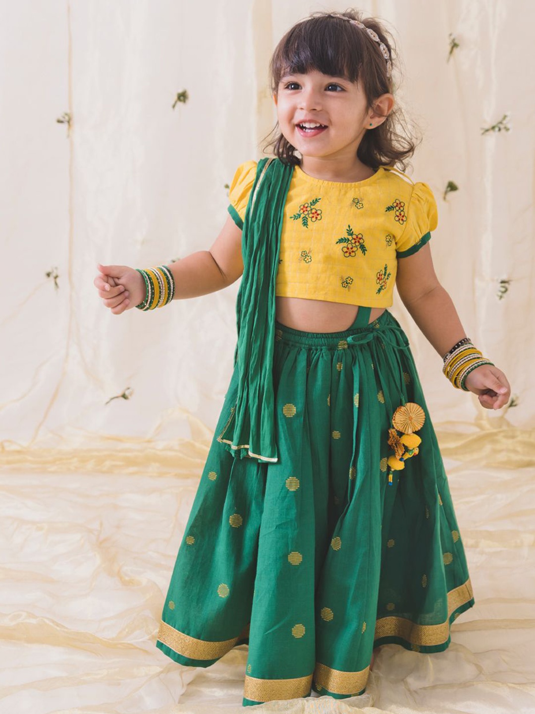 

Tiber Taber Girls Embroidered Cotton Ready to Wear Lehenga & Blouse With Dupatta, Green