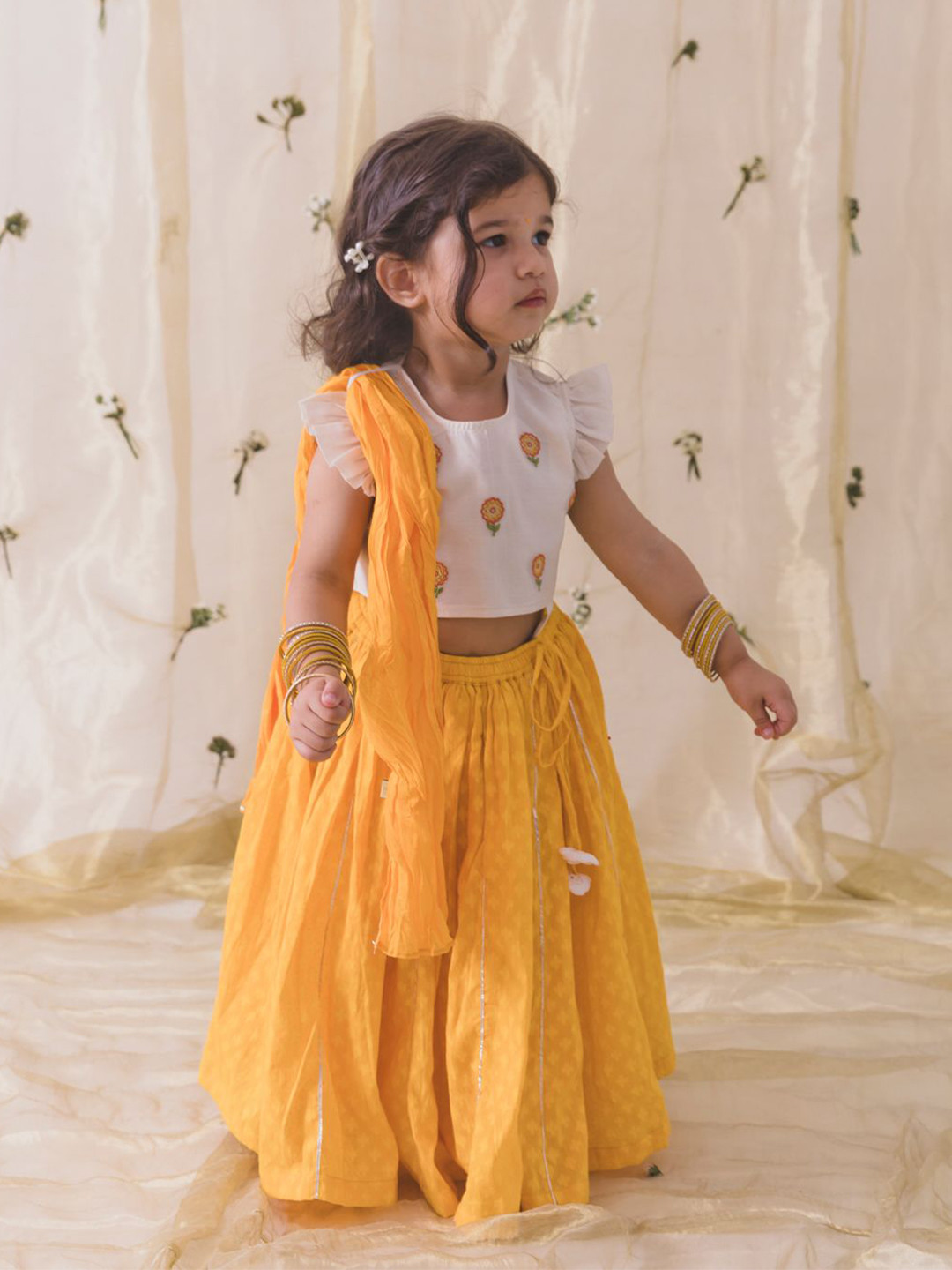 

Tiber Taber Girls Embroidered Cotton Ready To Wear Lehenga & Blouse With Dupatta, Yellow