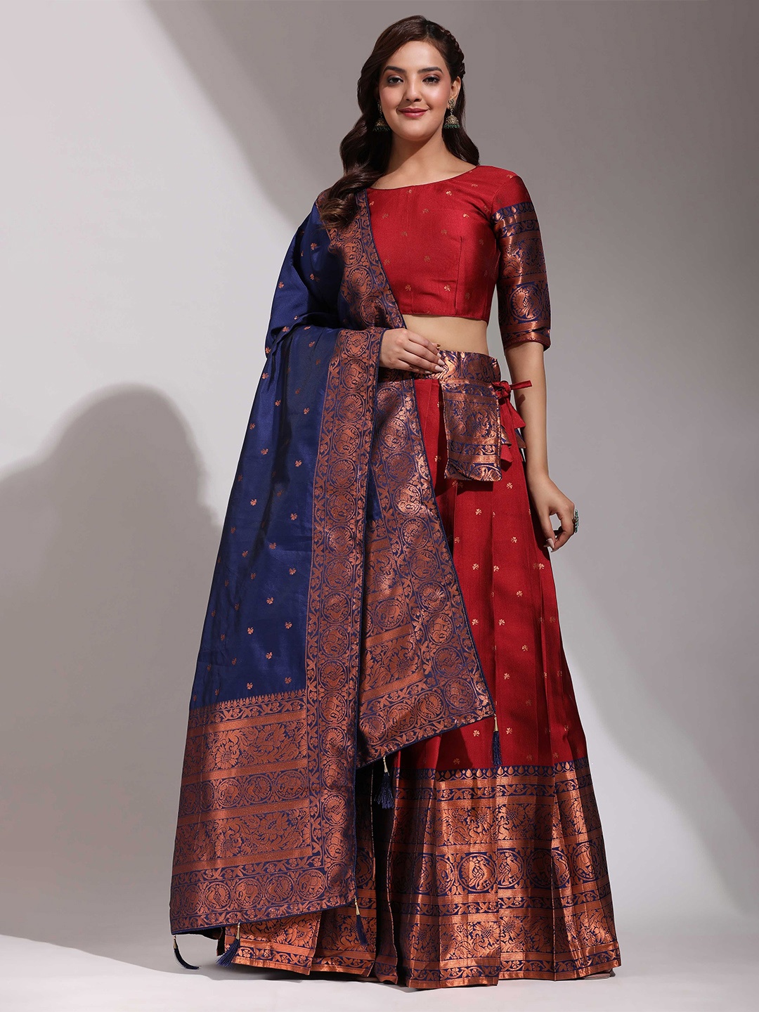 

Fabcartz Ethnic Motifs Woven Design Semi-Stitched Lehenga & Unstitched Blouse With Dupatta, Maroon