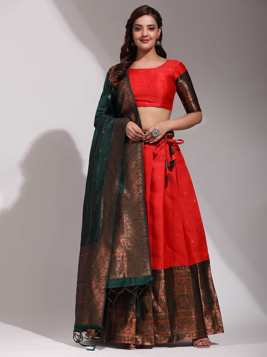 

Fabcartz Ethnic Motifs Woven Design Semi-Stitched Lehenga & Unstitched Blouse With Dupatta, Red