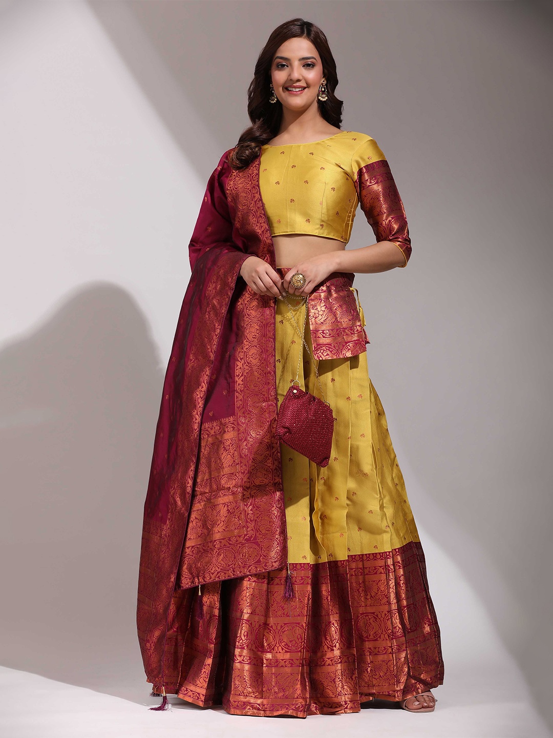 

Fabcartz Ethnic Motifs Woven Design Semi-Stitched Lehenga & Unstitched Blouse With Dupatta, Yellow