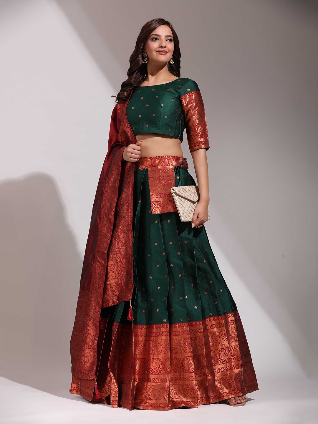 

Fabcartz Ethnic Motifs Woven Design Semi-Stitched Lehenga & Unstitched Blouse With Dupatta, Green