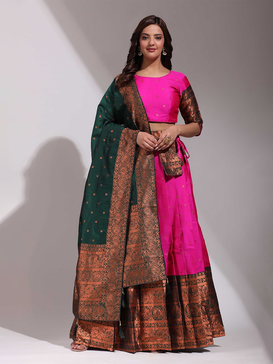 

Fabcartz Ethnic Motifs Woven Design Semi-Stitched Lehenga & Unstitched Blouse With Dupatta, Pink