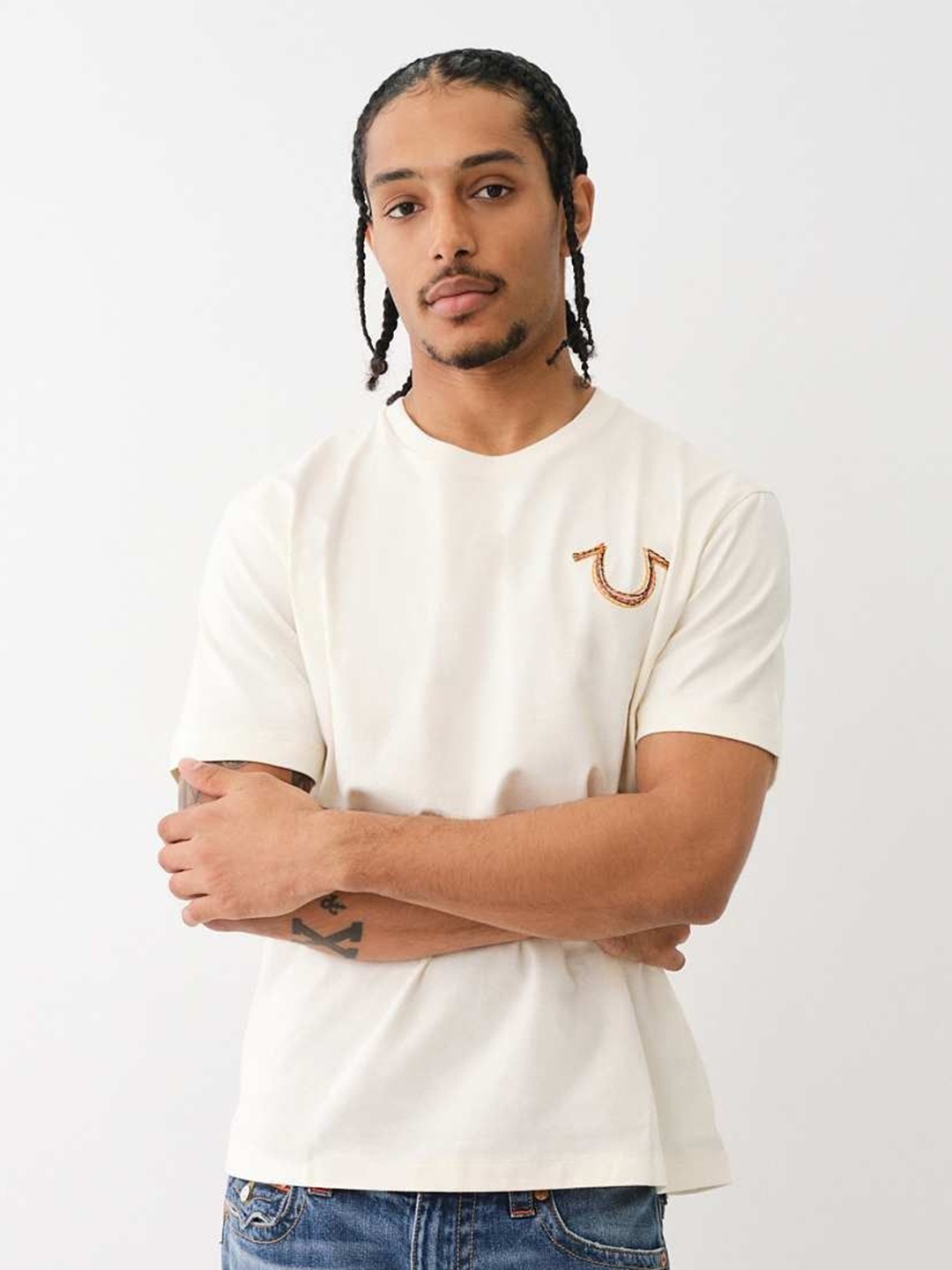 

True Religion Men Solid Round Neck Embroidered T-shirt, Cream