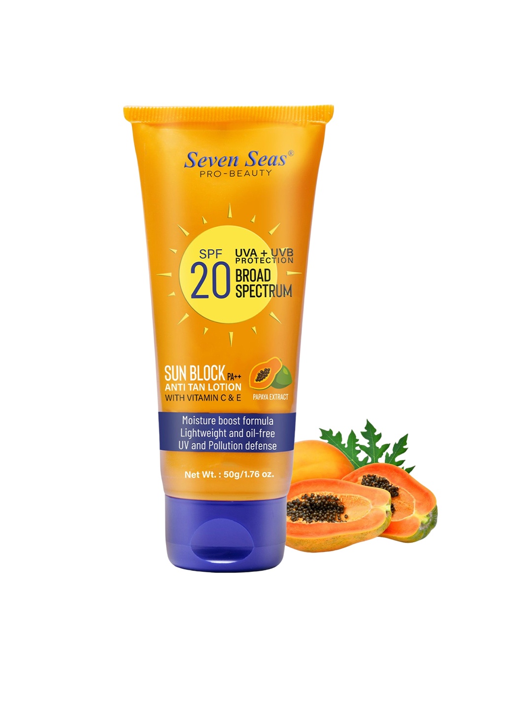 

Seven Seas Sun Block SPF20 Broad Spectrum Anti Tan Lotion with Vitamin C & E - 50 g, Orange