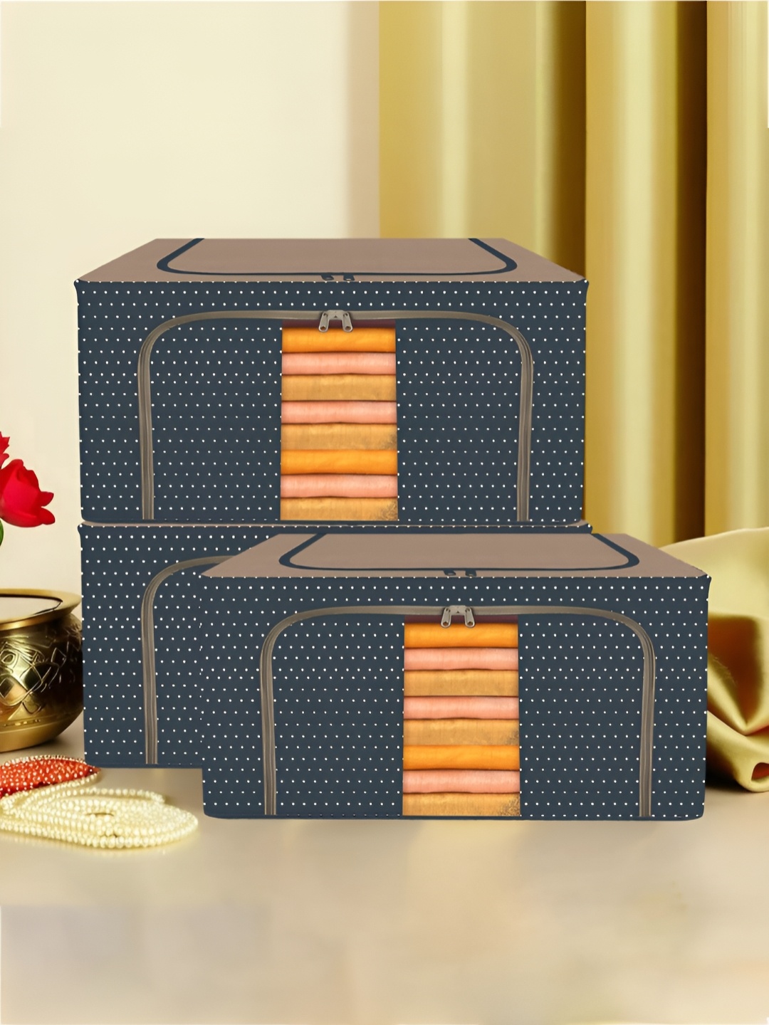 

Kuber Industries Navy Blue & Brown 3 Pieces Printed Multi-Utility Organisers