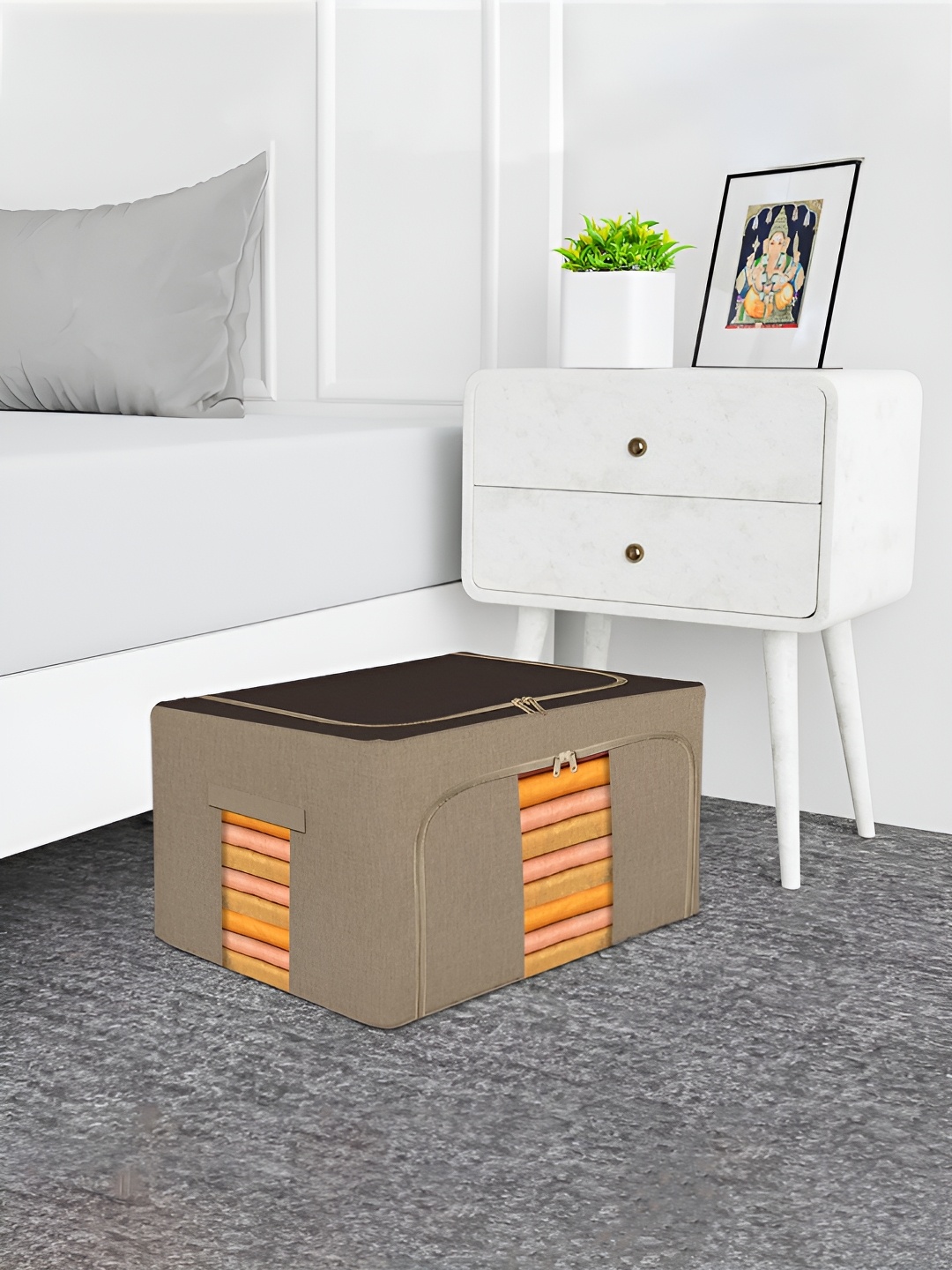 

Kuber Industries Brown 5 Pieces Steel Frame Underbed Drawer Organiser 66 Liter