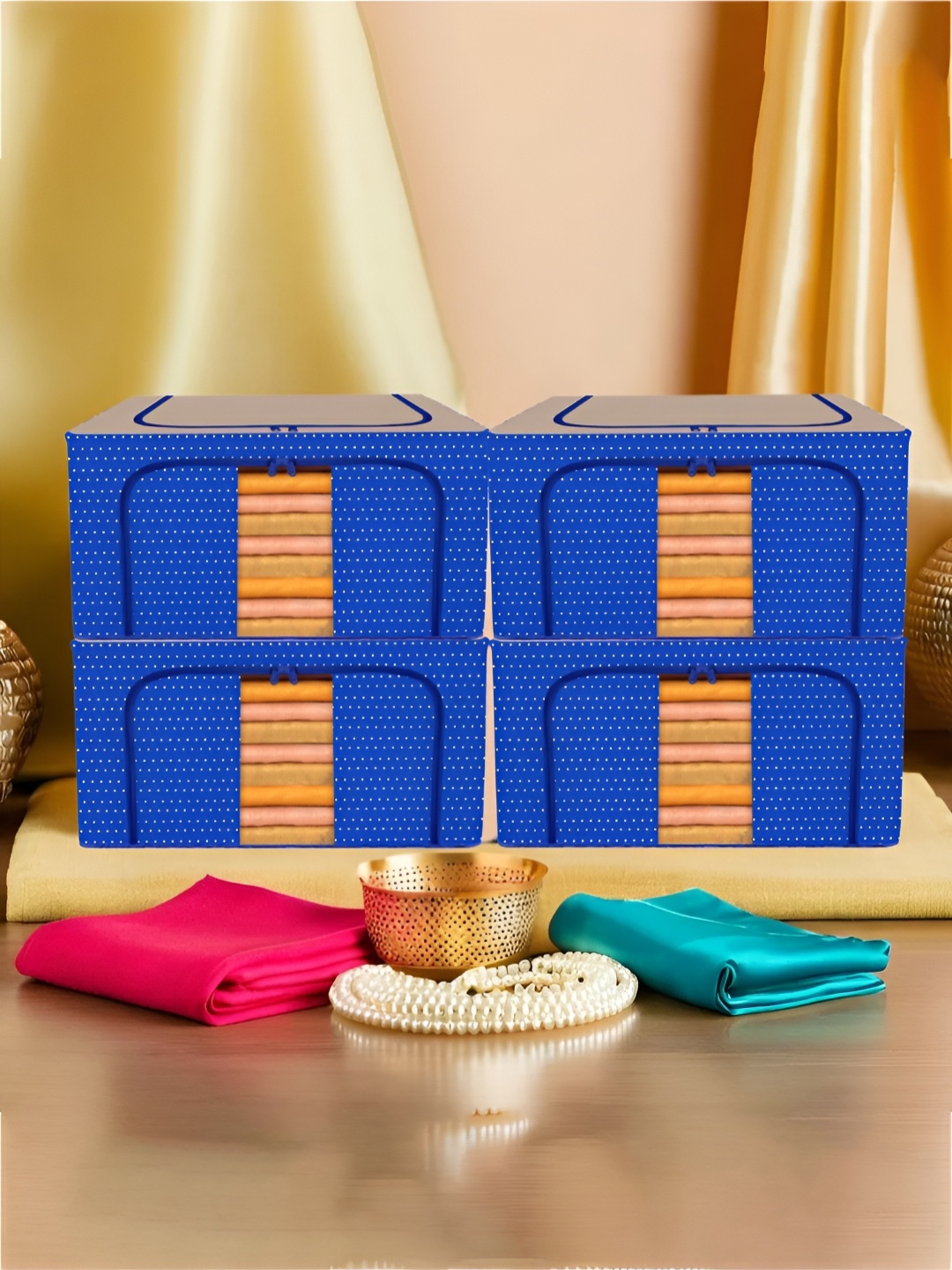 

Kuber Industries Blue & Brown 4 Pieces Printed Multi-Utility Organisers